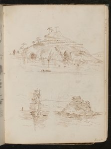 Zwei Studien von felsigen Inseln, Studie eines Bootes, datiert "30. Juni?" von Lady Butler