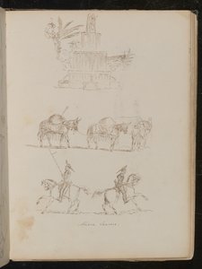 Wasserbrunnen im Laub, Studie von drei verbundenen Packpferden, Studie von zwei Soldaten zu Pferd beschriftet "Novare-Lanzenreiter" von Lady Butler