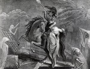 Lenore reitet mit dem Tod, Illustration für das Gedicht Lenore von Gottfried Augustus Bürger (1747-1794), Zeichnung von Diana Beauclerk (1734-1808) für die Ausgabe von 1796, veröffentlicht von Harding Pall Mall von Lady Diana Beauclerk