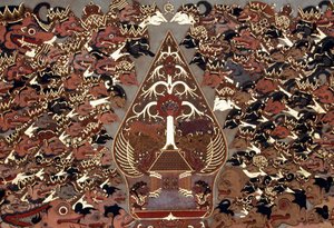 Malerei im Wayang-Beber-Stil, inspiriert vom Schattentheater (Wayang Kulit), Mangkunegaran-Palast, Surakarta, Java, Indonesien
