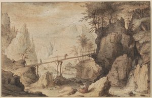 Zeichner auf einem Stein vor einer Brücke von Lambert Doomer