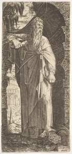 St. Paul steht unter einem überwucherten Bogen, sein linker Fuß auf einem Felsen, seine rechte Hand... von Lambert Suavius