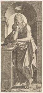 St. Simon vor einem offenen Buch mit den Fingern seiner linken Hand darauf von Lambert Suavius