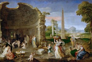 Landschaft mit antiken Ruinen und badenden Frauen
