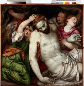 Pieta et anges (Pieta mit Engeln) von Lambert Sustris (1515-1584) 16. Jahrhundert Sun 83x84 cm Musei di Strada Nuova Genes