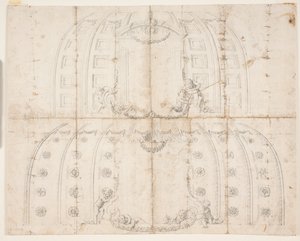 Frederiksborg Schloss, Audienzsaal. Zwei verschiedene Entwürfe für die Deckendekoration der Kuppel von Lambert van Haven