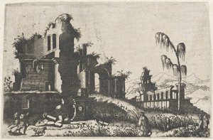 Landschaft mit bewachsenen Ruinen und Reisenden von Lambertus Suavius