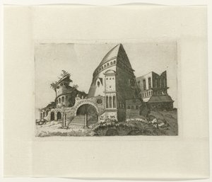 Ruine mit pyramidenförmigem Turm von Lambertus Suavius