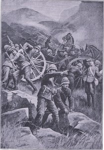 Ein umgestürztes Geschütz auf einem Hügel, aus After Pretoria: Der Guerillakrieg veröffentlicht von Harmsworth Bros Limited, 1901 von Lancelot Speed