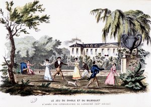 Alte Spiele: Das Spiel des Teufels (Diabolo) und das Bilboquet, basierend auf einer Lithographie von Langlumé