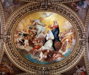 Die Heilige Jungfrau krönt die Heilige Rosa von Lima mit Jesus und dem Heiligen Geist von Lazzaro Baldi