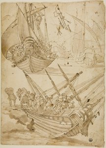 Besatzung verlässt das Schiff (recto); Skizzen von korinthischen Säulen (verso)