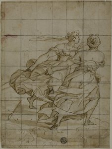 Zwei Frauen auf Wolken, die eine Last ziehen von Lazzaro Tavarone