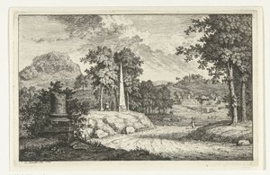 Hügelige Landschaft mit Obelisk entlang der Straße von Leendert Brasser