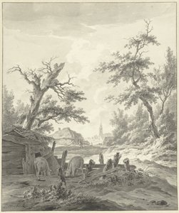Landschaft mit einem Schweinestall im Vordergrund von Leendert Overbeek