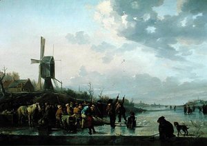Winterszene, gefrorener Fluss mit Schlittschuhläufern von Leendert de Koningh