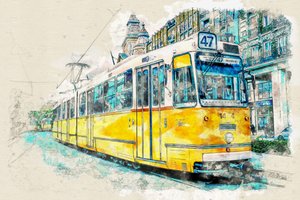 Städtische Straßenbahn Aquarell von Lembayung senja studio [Vintage Poster]