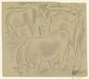 Drei Kühe und ein Pferd auf der Weide