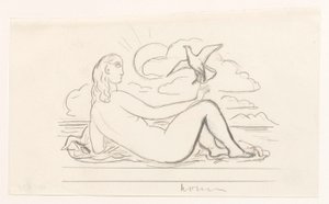 Liegender weiblicher Akt am Strand und eine Möwe von Leo Gestel