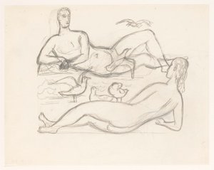 Nackter Mann und Frau an der Küste, umgeben von Möwen von Leo Gestel