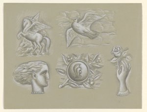 Pegasus, Taube, Frauenkopf, Wappen und Hand mit Rose