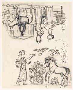 Studienblatt mit zwei Frauen mit Krügen auf dem Kopf, einem Mann auf einem Esel und einer Frau, die Vögel bei einem Fohlen freilässt von Leo Gestel