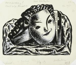 Zwei Masken vor Gebäude und Felsen (Skizze) von Leo Gestel