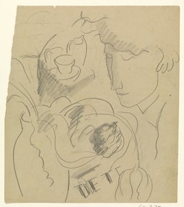 Frau riecht an Blumen in einer Vase von Leo Gestel