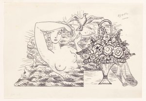Weiblicher Akt in den Wellen, der einen Vogel freilässt, im Vordergrund ein Korb mit Blumen von Leo Gestel