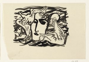 Frauenkopf und Möwen mit Meer im Hintergrund von Leo Gestel