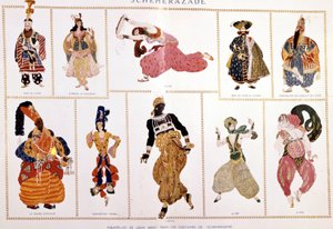 Kostüme für „Scheherazade“ von Nicholas Rimsky-Korsakov, inszeniert von Leo Bakst.