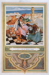 Frau raucht eine Shisha (Wasserpfeife) auf einer Terrasse in Algier, um 1900