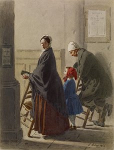 Mann, Frau und Mädchen beim Gebet in der Kirche, 1864