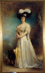 Ganzkörperporträt von Madame Maurice Pascal und ihrem Hund Tiny. Gemälde von Leon Joseph Bonnat (1833-1922) 1905. Pau, Musée des Beaux Arts