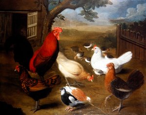 Eine Hofszene mit einem Hahn von Leonard Hubner