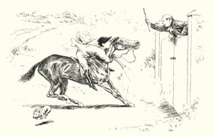 Ein Mann ging in Reigate auf die Jagd und wollte über ein hohes Tor springen (Gravur) von Leonard Leslie Brooke