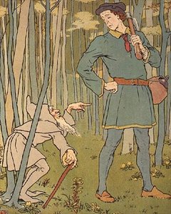 Wir trafen einen kleinen alten Mann. Illustration aus Die goldene Gans von Leonard Leslie Brooke