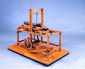 Holzmodell einer hydraulischen Säge, betrieben durch Zahnräder und Wasser. Nach einer Zeichnung von Leonardo da Vinci (1452-1519)