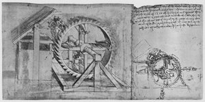 Ein großes Rad, das vier Armbrüste nacheinander abfeuert, ca. 1480, 1945 von Leonardo da Vinci