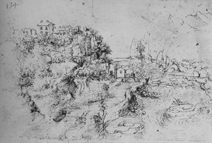 Ein Fluss mit einem Kanal daneben und eine Burg auf einem Hügel, um 1480, 1945 von Leonardo da Vinci