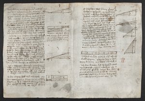 Zeichnungen zu mechanischen Kräften und Kräften, Aufprall, Schwerkraft, Bewegung, Optik und Astronomie, mit verschiedenen arithmetischen und geometrischen Propositionen, Illustration aus Leonardos 