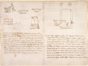 Notizen und grobe Skizzen zum Herstellungsprozess von Salpeter zur Vorbereitung von Schießpulver (nicht von Leonardo)