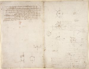Zeichnungen über mechanische Kräfte, Schwerkraft, Bewegung, Optik und Astronomie, mit verschiedenen arithmetischen und geometrischen Propositionen von Leonardo da Vinci