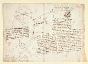 Die Rückseite eines einzelnen großen Blattes, ehemals entlang des rechten Randes gebunden und in das Notizbuch gefaltet. Notizen und Diagramme zur Optik, betreffend Alhazens Problem; schematische Skizze eines Augapfels begleitet von Notizen zu L