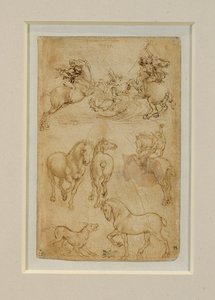 Zwei Reiter kämpfen gegen einen Drachen; ein Reiter und zwei Pferde; ein Hund und ein Pferd von Leonardo da Vinci