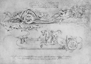 Zeichnungen von zwei Arten von Streitwagen mit Sicheln, ca. 1480