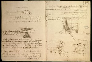Flugmaschinen, eine der ersten Zeichnungen einer hubschrauberähnlichen Flugmaschine, ca. 1487 von Leonardo da Vinci