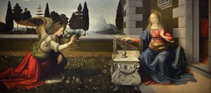 Italien Toskana Florenz, Uffizien: Die Verkündigung, Gemälde von Leonardo da Vinci (1452-1519), Öl auf Holz, ca. 1472-1475, 98x217 cm von Leonardo da Vinci