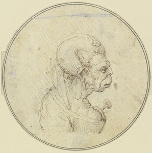 Karikatur einer alten Frau, Brustbild mit einer Rose im Busen, im Profil nach rechts von Leonardo da Vinci