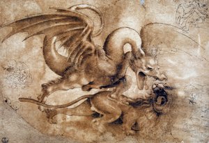 Kampf zwischen einem Löwen und einem Drachen
